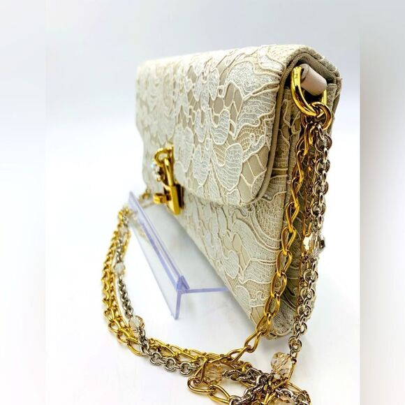 Auth Dolce & Gabbana Floral Lace Taormina Clutch Gold Silver Chains Straps - Picture 14 of 16